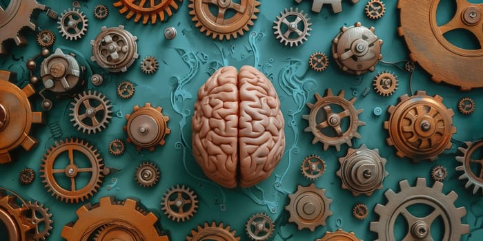 Cogwheels brain, brainstorming and creativity concept, gear wheels rotation in artificial intelligence, engineering mind