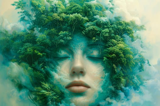 Woman portrait with trees, planet earth, green forest and woodland, environment concept, connect and protect nature, earth day