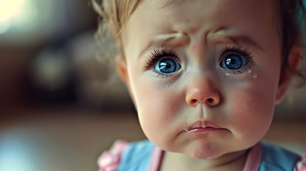 A close-up of a tearful toddler with big eyes, capturing a moment of childhood emotion.Tearful Toddler's Gaze.emotional health concept, pediatric services.