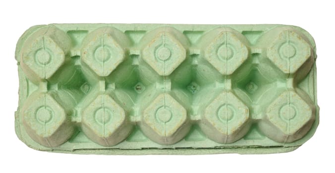 Green recycled egg carton box on isolated background, storage. Top view