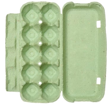 Green recycled egg carton on isolated background, storage. Top view