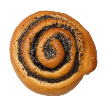 Round baked bun with poppy seeds on isolated background, top view