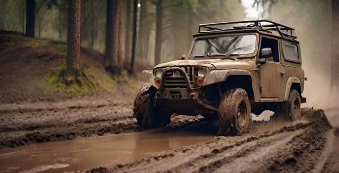 Car drives in the heavy mud