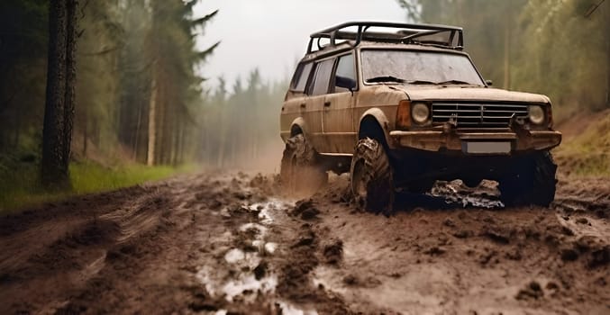 Car drives in the heavy mud