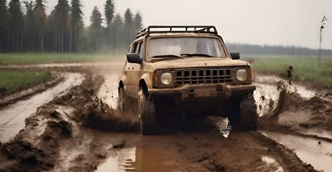 Car drives in the heavy mud