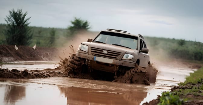 Car drives in the heavy mud