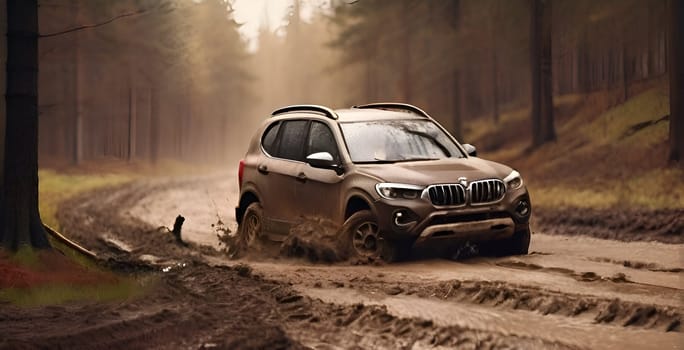 Car drives in the heavy mud