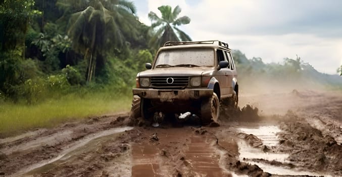Car drives in the heavy mud