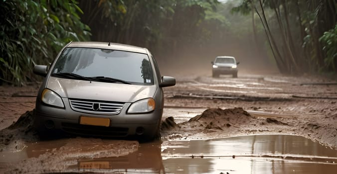 Car drives in the heavy mud