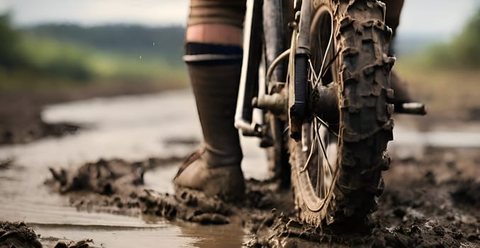 Motor bike drives in the mud
