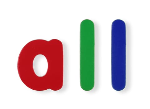 An all word in coloured magnetic letters on white with clipping path to remove shadow