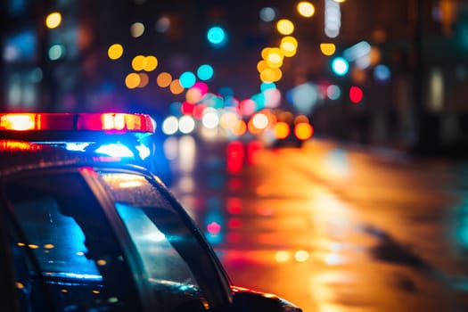 police car lights at night in city street with selective focus and bokeh. Neural network generated image. Not based on any actual person or scene.