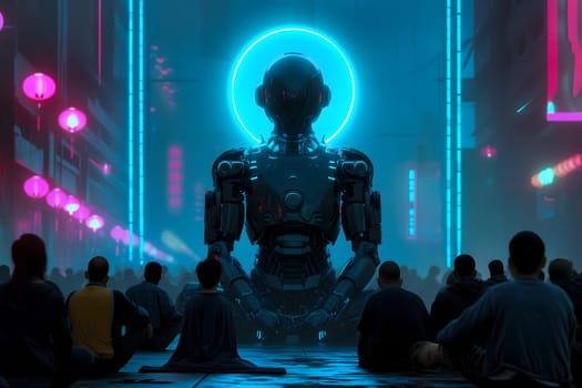Cyber god in front of their adepts for artificial super intelligence encounter. Neural network generated image. Not based on any actual person or scene.