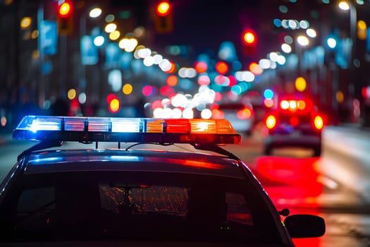 police car lights at night in city street with selective focus and bokeh. Neural network generated image. Not based on any actual person or scene.