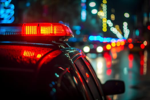 police car lights at night in city street with selective focus and bokeh. Neural network generated image. Not based on any actual person or scene.