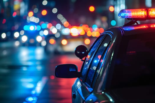 police car lights at night in city street with selective focus and bokeh. Neural network generated image. Not based on any actual person or scene.