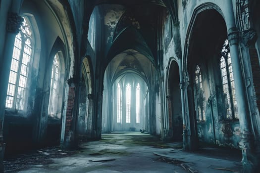 Dark gothic abandoned ancient chapel hall interior with tall windows and columns, foggy and empty. Neural network generated in January 2024. Not based on any actual scene or pattern.
