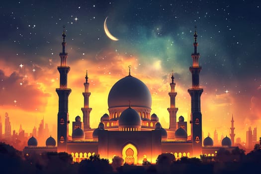 Ramadan mosque with night afterglow sky with crescent. Neural network generated in January 2024. Not based on any actual scene or pattern.