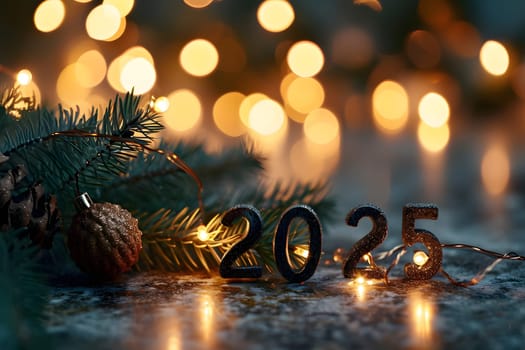 Digits 2025 surrounded with Christmas decorations for new year celebration. Neural network generated image. Not based on any actual person or scene.