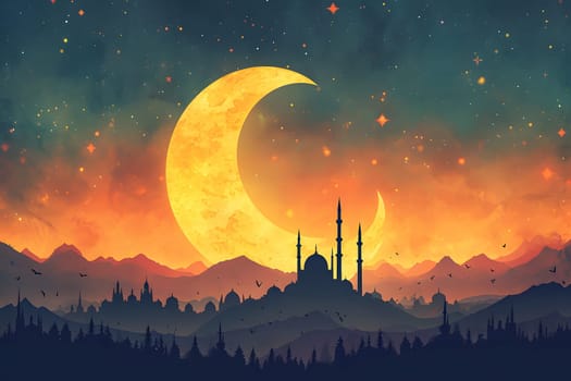 Ramadan mosque with night afterglow sky with crescent. Neural network generated in January 2024. Not based on any actual scene or pattern.