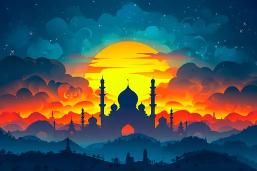 Ramadan mosque with night afterglow sky with full moon. Neural network generated in January 2024. Not based on any actual scene or pattern.
