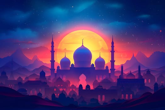 Ramadan mosque with night afterglow sky with full moon. Neural network generated in January 2024. Not based on any actual scene or pattern.
