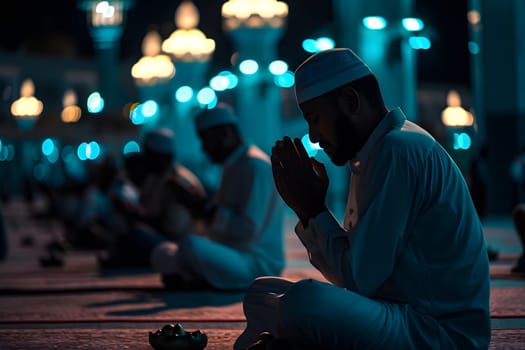Muslim prayers in white clothes sitting in front of mosque at Ramadan night with selective focus. Neural network generated in January 2024. Not based on any actual scene or pattern.