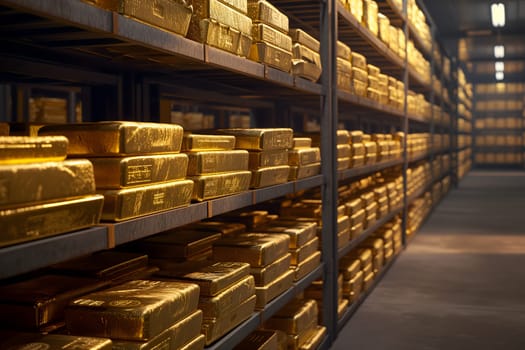 Generic gold reserve vault with stacks of gold bars. Neural network generated image. Not based on any actual scene or pattern.