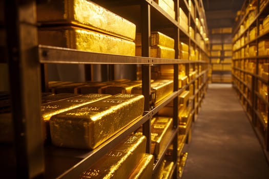Generic gold reserve vault with stacks of gold bars. Neural network generated image. Not based on any actual scene or pattern.