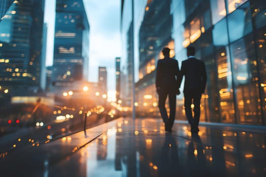 Close up abstract business background with businessmen navigating the cityscape, Interacting and collaborating. Neural network generated image. Not based on any actual person or scene.