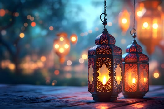 fanous Ramadan lanterns on a table at night. Neural network generated in January 2024. Not based on any actual scene or pattern.