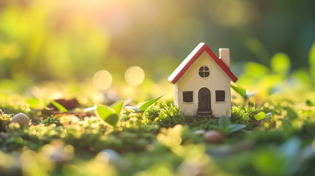 Spring background with a tiny toy house symbolizing family mortgage construction rental and property concepts. Neural network generated image. Not based on any actual person or scene.