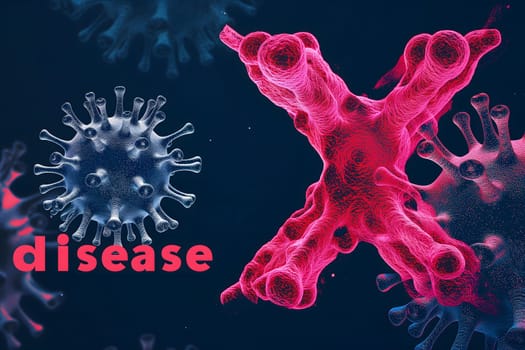 Disease X conceptual composition with coronaviruses for new pandemic topic. Neural network generated image. Not based on any actual scene or pattern.