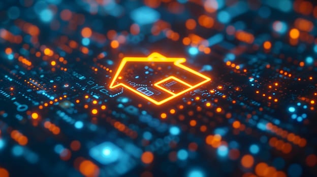 house hologram in futuristic digital background. Neural network generated image. Not based on any actual person or scene.