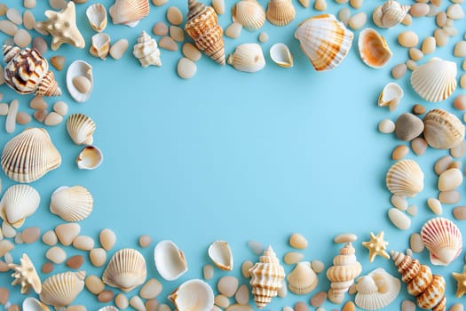 Seashells, pebbles, mockup on blue background. Blank, top view, still life, flat lay. Sea vacation travel concept tourism and resorts. Summer holidays. Neural network generated in January 2024. Not based on any actual scene or pattern.