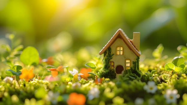 Spring background with a tiny toy house symbolizing family mortgage construction rental and property concepts. Neural network generated image. Not based on any actual person or scene.