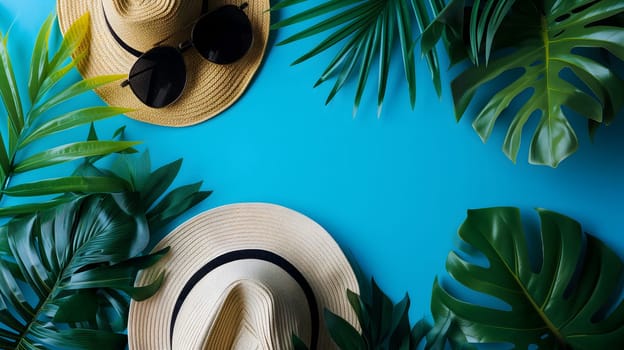 Hats, sunglasses, palm tree leaves on blue background. Blank, top view, still life, flat lay. Sea vacation travel concept tourism and resorts. Summer holidays. Neural network generated image. Not based on any actual scene or pattern.