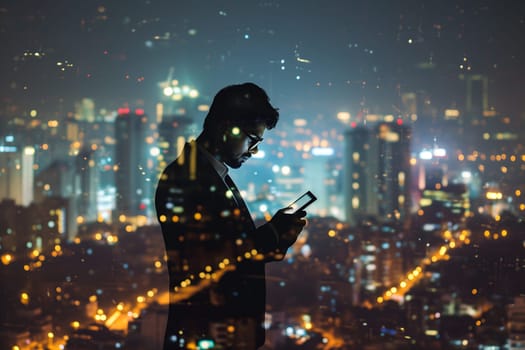 Double exposure of business and a city - Indian businessman using a digital tablet superimposed on a city skyline. Neural network generated image. Not based on any actual person or scene.