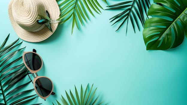 Hat, sunglasses, palm tree leaves on blue background. Blank, top view, still life, flat lay. Sea vacation travel concept tourism and resorts. Summer holidays. Neural network generated image. Not based on any actual scene or pattern.