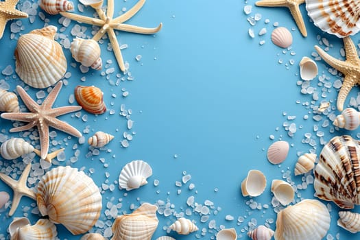 Seashells, pebbles, mockup on blue background. Blank, top view, still life, flat lay. Sea vacation travel concept tourism and resorts. Summer holidays. Neural network generated in January 2024. Not based on any actual scene or pattern.