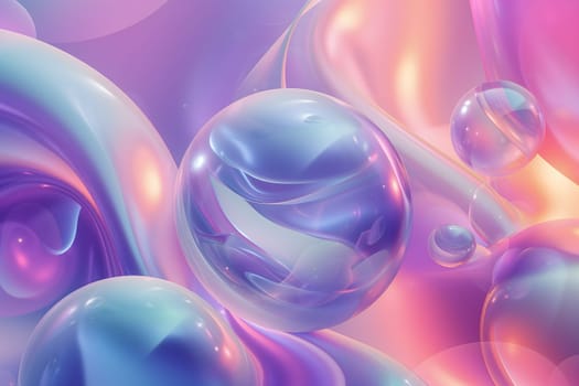 Colorful bright dreamy holo glass bubbles and waves background and wallpaper. Neural network generated in January 2024. Not based on any actual scene or pattern.