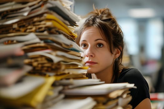 Young adult Caucasian woman in an office, overwhelmed by a mountains of paperwork. Neural network generated in January 2024. Not based on any actual scene or pattern.