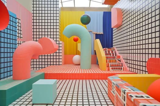 abstract background of playful convergence of 2D pop-art graphics and 3D geometric shapes creating a vibrant multiverse portal, embodying high-energy and big-impact visuals. Neural network generated image. Not based on any actual scene or pattern.