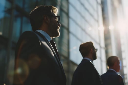 Close up abstract business background with businessmen navigating the cityscape, Interacting and collaborating. Neural network generated image. Not based on any actual person or scene.