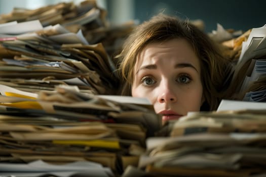 Young adult Caucasian woman in an office, overwhelmed by a mountains of paperwork. Neural network generated in January 2024. Not based on any actual scene or pattern.