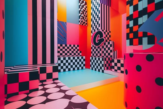 abstract background of playful convergence of 2D pop-art graphics and 3D geometric shapes creating a vibrant multiverse portal, embodying high-energy and big-impact visuals. Neural network generated image. Not based on any actual scene or pattern.