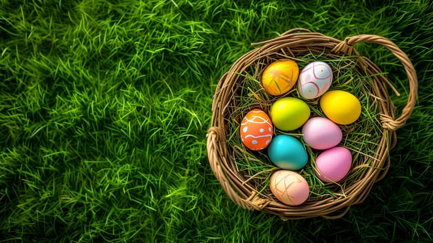 Easter basket with colorful eggs on a background of green grass meadow, high angle view. Neural network generated image. Not based on any actual scene or pattern.