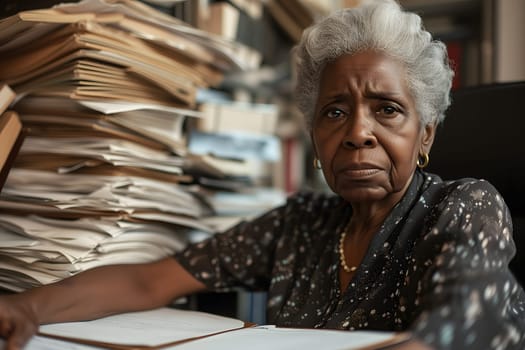 Senior African American woman in an office, overwhelmed by a mountains of paperwork. Neural network generated in January 2024. Not based on any actual scene or pattern.