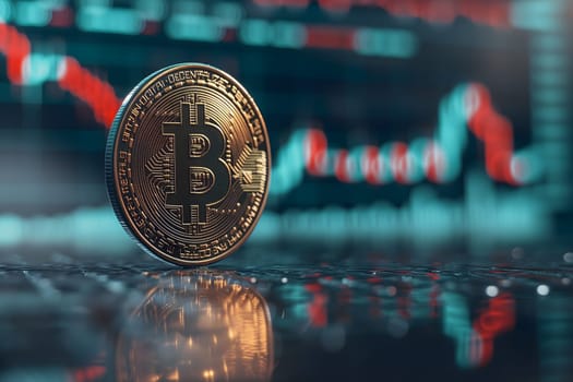 Bitcoin shiner in front of blurry trading charts screen. Dark appearance. Neural network generated image. Not based on any actual scene or pattern.
