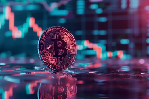 Bitcoin shiner in front of blurry trading charts screen. Dark appearance. Neural network generated image. Not based on any actual scene or pattern.